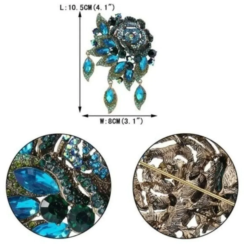 Yellow Gold with Blue and Green Austrian Crystal Rose Flower Leaf Brooch
